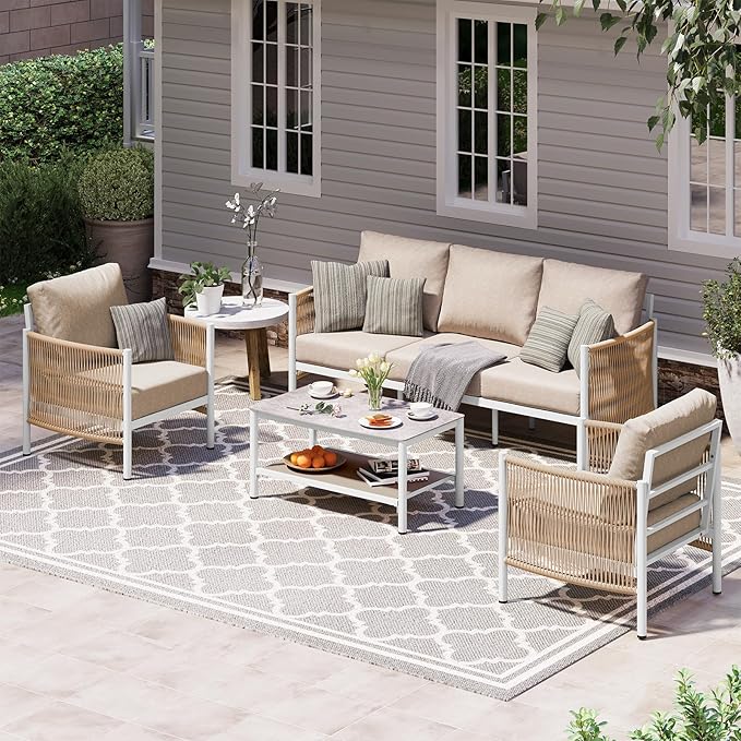 Aluminum Outdoor Patio Furniture Set, HDPE Rope 4 Piece Modern Sectional Conversation Sets with Dual-Layer Coffee Table, All Weather Patio Couch Set with Thick Cushions, White Frame, Ivory