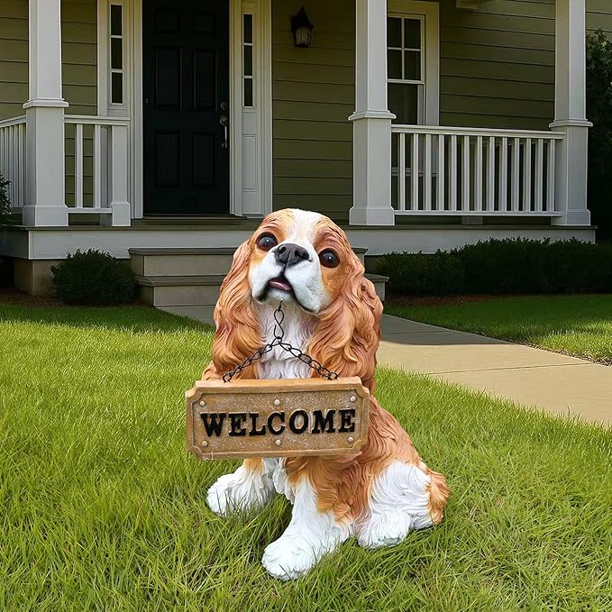 Cavalier King Charles Spaniel Outdoor Dog Statue with Reversible “Welcome/ON Patrol” Hanging Plaque and Solar Porch Lantern, Brown & White Sitting