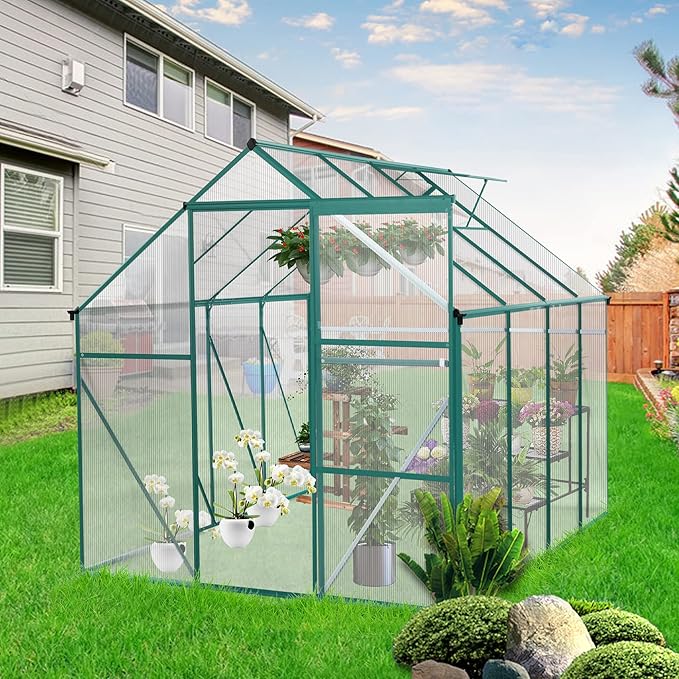 Favfurish 6x8FT Polycarbonate Walk-in Greenhouses, Heavy Duty Hobby Green House, Storage Shed with Sliding Doors & Adjustable Roof Vent, Aluminum Sunroom Hot House for Outdoor Garden Backyard