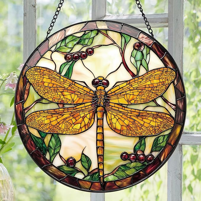Dragonfly Plant Suncatcher -7.9 in Stained Glass Window Hanging Sun Catcher Garden Decor