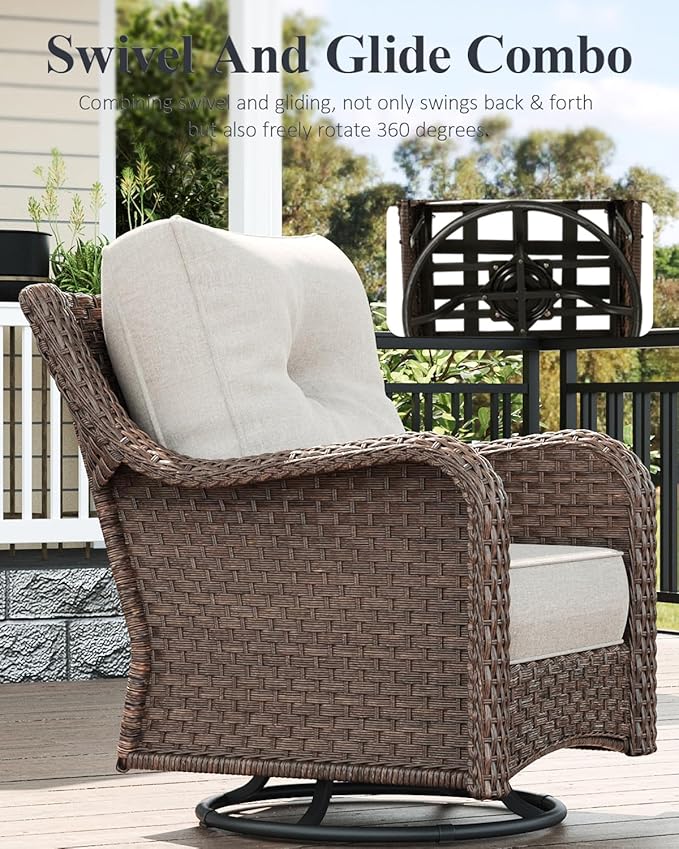 LayinSun 5 Piece Wicker Outdoor Furniture Set with 6-inch Comfy Cushions, High Back Patio Furniture Set with Swivel Rocking Chairs and Side Table