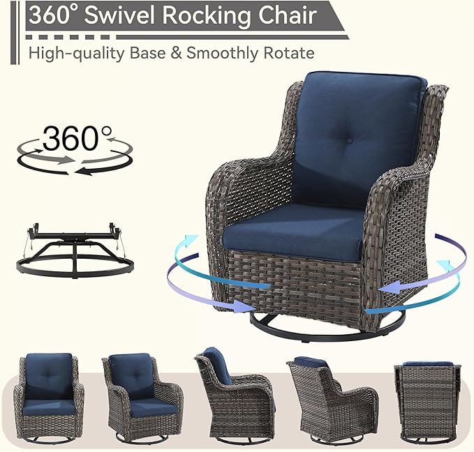 Wicker Patio Furniture Set 8-PCS with A 3-Seat Sofa, 2 Swivel Rocking Chairs, 2 Armchairs, 2 Ottomans and 1 Side Table Patio Conversation Set, Blue