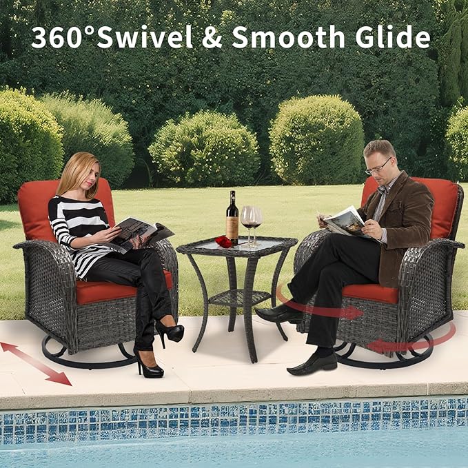 3 Pieces Patio Furniture Set, Outdoor Swivel Rocking Chair Set of 2 with Side Table - 360° Swivel, Thick Cushions, All-Weather Bistro Set for Deck, Porch, Pool(Wine Red, Grey Full-Weave Rattan)