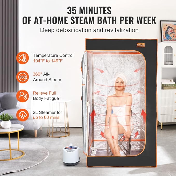 VEVOR Portable Steam Sauna Tent Full Size, 1200W with Visible Window, Personal Sauna Blanket Kit for Home Spa,Heated Body Therapy,Time&Temperature Remote Control with Chair,Black, 2.9’x 2.9’x 5.2’