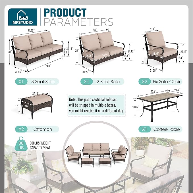 MFSTUDIO Outdoor Patio Furniture Set, 7 PCS Metal Patio Conversation Sets for 9, Patio Sectional Set with High Back 3-Seat Sofa, Loveseat, 2 Fixed Sofa Chairs, 2 Ottoman, 1 Coffee Table