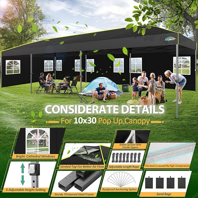 COBIZI 10x30 Pop Up Canopy Tent with Sidewalls - Party Outdoor Wedding Event for Parties - UPF 50+ Windproof Waterproof Gazebo with Air Vent, Wheeled Bag, Sandbag, Stake, Rope (Black)