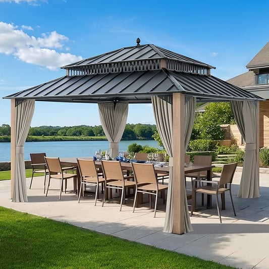 SUNJOY Kingston 14' x 12' Hardtop Gazebo with Galvanized Steel Double Roof, Curtain and Netting, Woodgrain Finish Aluminum Posts Permanent Pavilion Gazebo for Garden, Patio, Deck, Lawn