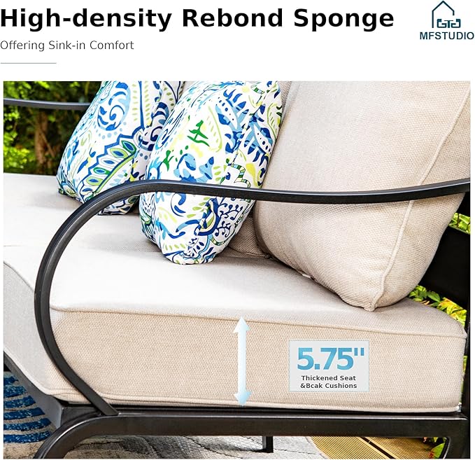 MFSTUDIO 5 Pieces Patio Conversation Sets,Outdoor Metal Furniture Sofas with 1 x 3-Seat Sofa, 2 x Swivel Chairs,2 x Ottoman,Wrought Iron Frame with Beige Cushion for Patio Courtyard Balcony