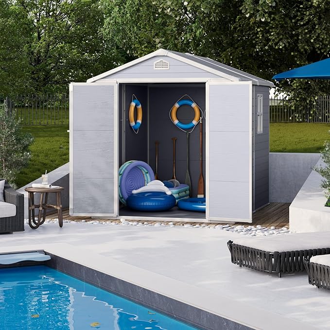 Storage Shed Plastic Outdoor Storage Shed Waterproof Container House with Lockable Door and Transparent Window for Garden, Lawn, Backyard(6x8FT)