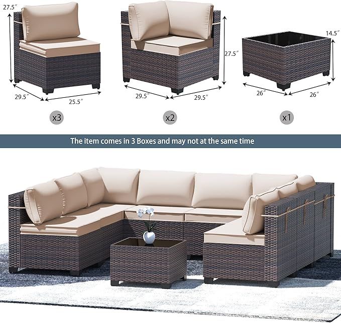 Outdoor Patio Furniture Set, 9 Pieces Outdoor Furniture All Weather Patio Sectional Sofa PE Wicker Modular Conversation Sets with Coffee Table,8 Chairs & Seat Clips(Brown)