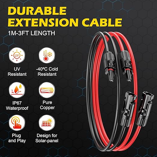 3Ft Solar Cable Solar Extension Cable,10AWG Solar Panel ExtensionCable with Female and Male Connectors,Waterproof Solar ExtensionCable Kit (Red and Black).