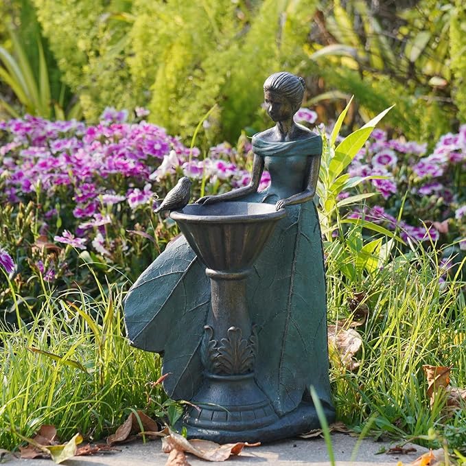 DiliComing Fairy Outdoor-Statues Garden-Decor with Solar - 12 Inch Resin Leaf Girls Birdbath Sculpture Waterproof Outdoor Decor for Patio/Yard, Unique Bird Feeder Figurines Home Decor Gifts for Women