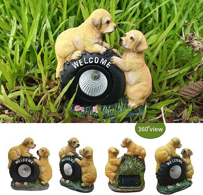 Solar Garden Statue LED Outdoor Garden Decor Funny Animal Sculpture for Yard Patio Lawn Weatherproof Resin Birthday Art Gift（Dog）