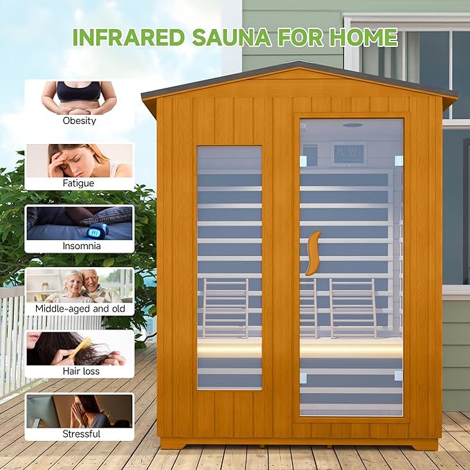 springspa Outdoor Infrared Sauna 3 Person for Home, 15amp Low EMF Far Infrared Spruce Wooden Sauna with Bluetooth,LCD Panel