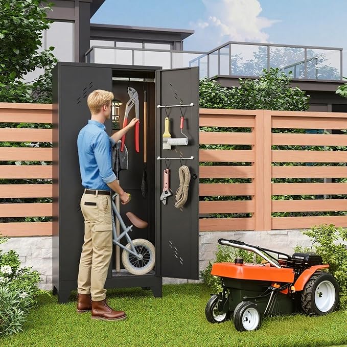 Storage Cabinet 1.4×2.8 FT, Metal Outdoor Sheds for Garden Tool Organization, Heavy Duty Storage Sheds with Lockable Doors and Vents for Backyard, Garden, Patio Lawn