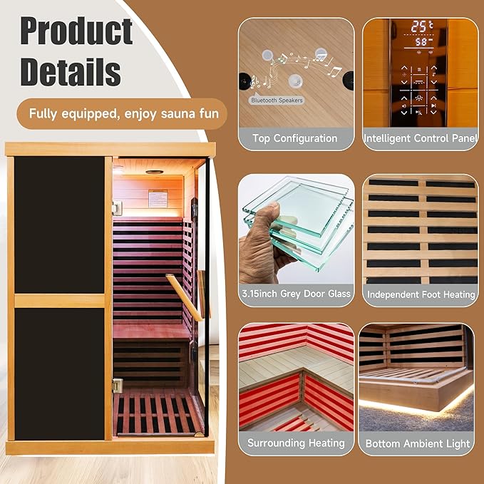 Infrared Sauna 2 Person Saunas Wooden Home Spa Room Canadian Hemlock Wood APP Control 1980W Low-EMF Indoor Saunas, 47.24 * 47.24 * 75.59Inch