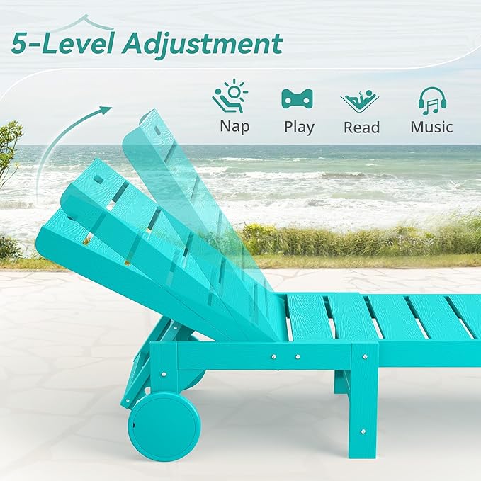 Outdoor Chaise Lounge Chairs Set of 4, 26.8” Super Wide Lounge Chair Outdoor, HDPS Pool Chairs with 5 Positions, Patio Lounge Chair with Wheels for Pool,Lawn,Backyard, Aruba Blue