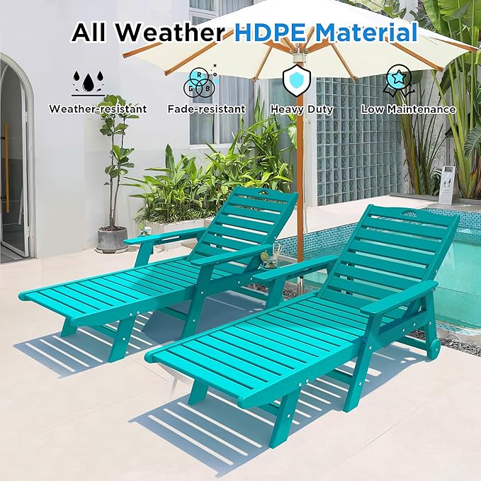 nalone Outdoor Chaise Lounge Chair Set of 2 with Wheels & Cup Holder, HDPE Pool Lounge Chairs with 5-Position Adjustable Backrest Supports Up to 400 LBS for Patio Poolside Deck Beach Backyard (Aruba)