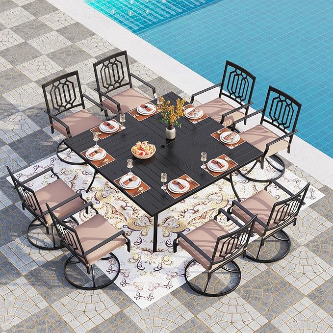 PHI VILLA 9 Piece Outdoor Dining Set for 8, Square Metal Table (60") with Umbrella Hole and Swivel Chairs with Cushions– Perfect for Patio, Garden, Deck, Porch, and Backyard