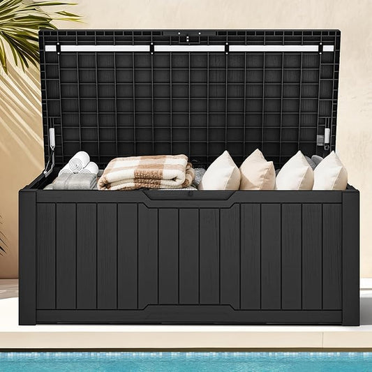 DWVO 120 Gallon Large Deck Box, Outdoor Lockable Storage Bin for Gardening Tools, Patio Cushions, Waterproof Resin (Black)