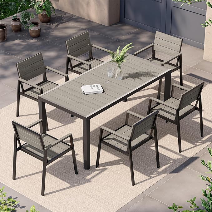 Outdoor Dining Set for 6, Patio Table and Chairs Set, Aluminum Patio Furniture Set with Umbrella Hole, HDPS Patio Dining Table Set for 6 (Gray)