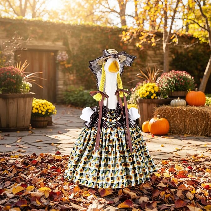 Fall Thanksgiving Goose Outfit Sunflower Porch Goose Costume with Hat Necklace for 23 Autumn Patio Yard Lawn Decor(Plaid Sunflower)
