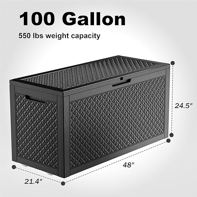 New 100 Gallon Outdoor Storage Box – Resin Deck Box with Lockable Lid, Waterproof Patio Furniture Storage for Tools, Garden & Yard Organization