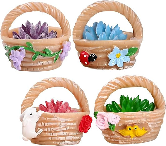 4 Pieces Mini Succulent Plant Resin Ornaments - Cute Car Dashboard Figurines Flower basket Set - Fairy Garden，Birthday Cakes Decoration，DIY Aquarium Moss Layout Desktop Landscape Accessories