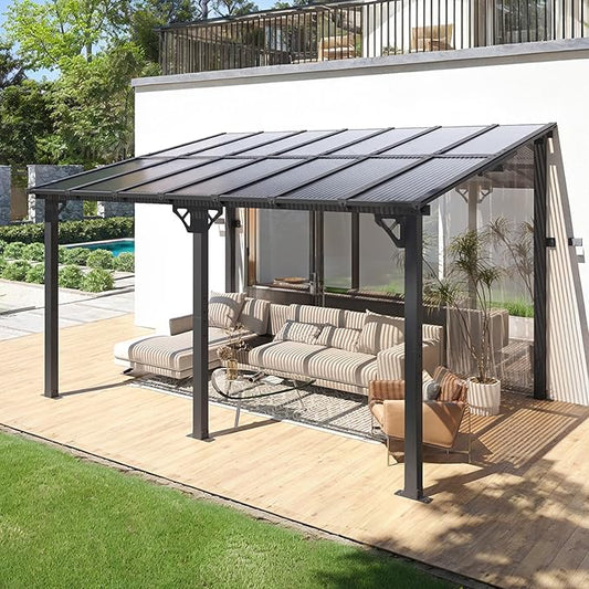 10x14FT Lean to Gazebo, Hardtop Metal Pergola with Polycarbonate Roof, Large Wall Mounted Heavy Duty Awnings, Patio Canopy for Backyard, Deck, Porch
