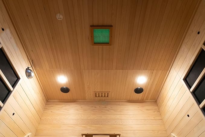 Far Infrared Wooden Sauna Room, Luxurious Canadian Red Cedar Sauna with 2 Oversize Recliners, 220V, 3400 W, 9 Heating Element, Bluetooth Speakers, 7 Color Light, Oxygen Bar, Low EMF
