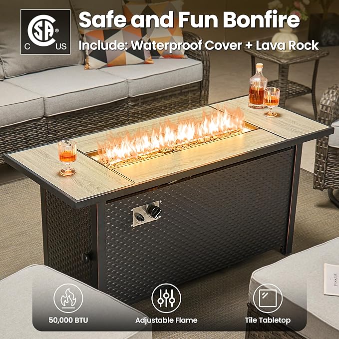 ovios 7 Pieces Patio Furniture Set, Outdoor Wicker Sofa Couch with Swivel Chairs 54" Fire Pit Table, High Back All Weather Modern Conversation Sets, Grey Rattan, Grey