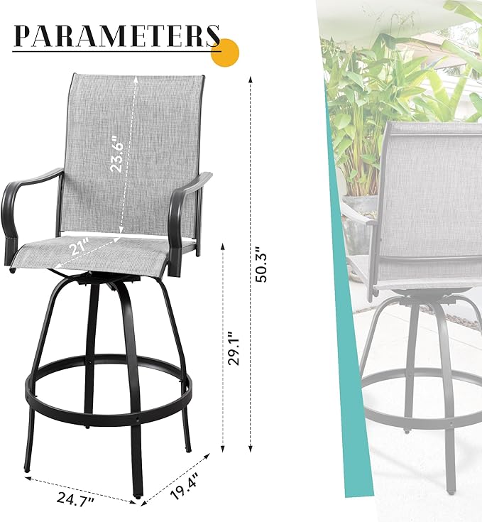 Vongrasig 6 Piece Patio Swivel Bar Chairs, All Weather Metal Textile High Swivel Bar Stools Chairs, Outdoor High Top Bistro Set for Backyard, Lawn Garden, Balcony, Light Grey
