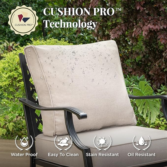 Patio Furniture Set 4 pcs, Metal Outdoor Patio Furniture, 3-Seat Sofa, 2 Single Chairs, Metal Coffee Table and 5.75" Extra Thick Cushion, Patio Conversation Set,Beige