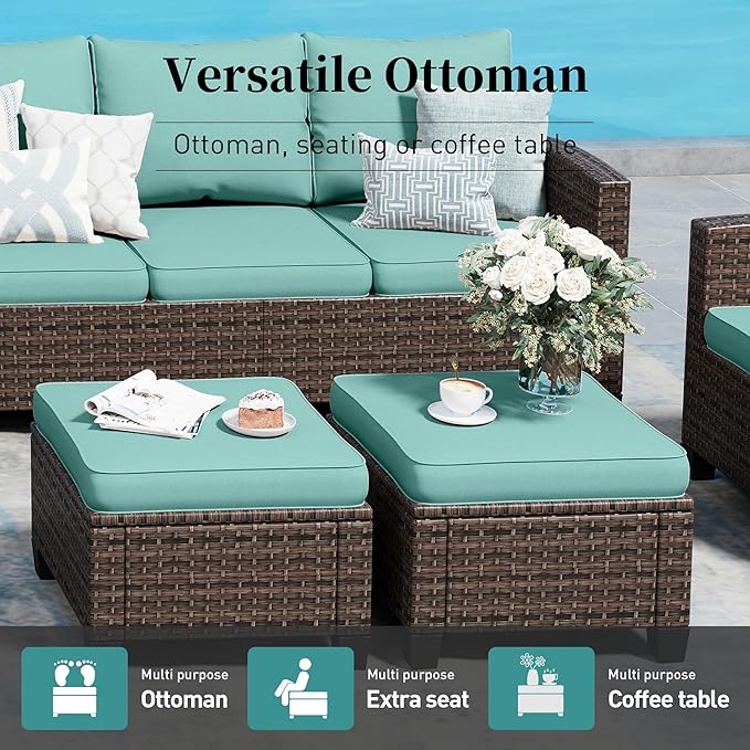 Patio Furniture Set Outdoor Furniture Brown Wicker Rattan Patio Conversation Sets with Cushion Outside Sofa Set,7 Pieces 9 Seats,Blue