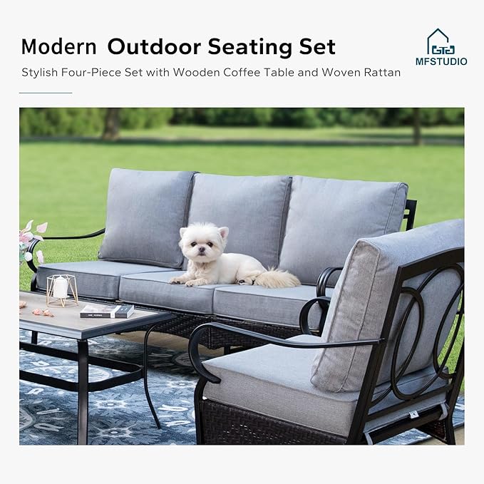 MFSTUDIO 5 PCS Outdoor Patio Furniture Set, Metal Outdoor Conversation Set, Rattan Wicker Patio Sectional Sofa Set with 2 x Rocking Single Sofa, 2-Seat and 3-Seat Sofa, 1 x Coffee Table, Grey