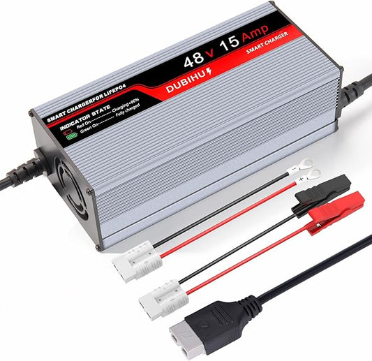 58.4V 15A LifePo4 Lithium Battery Charger for Golf Cart, RV, 48V Motor,Anderson Plug, Includes Anderson Plug to M8 Ring Terminal Cable and Anderson Plug to Alligator Clip Cable