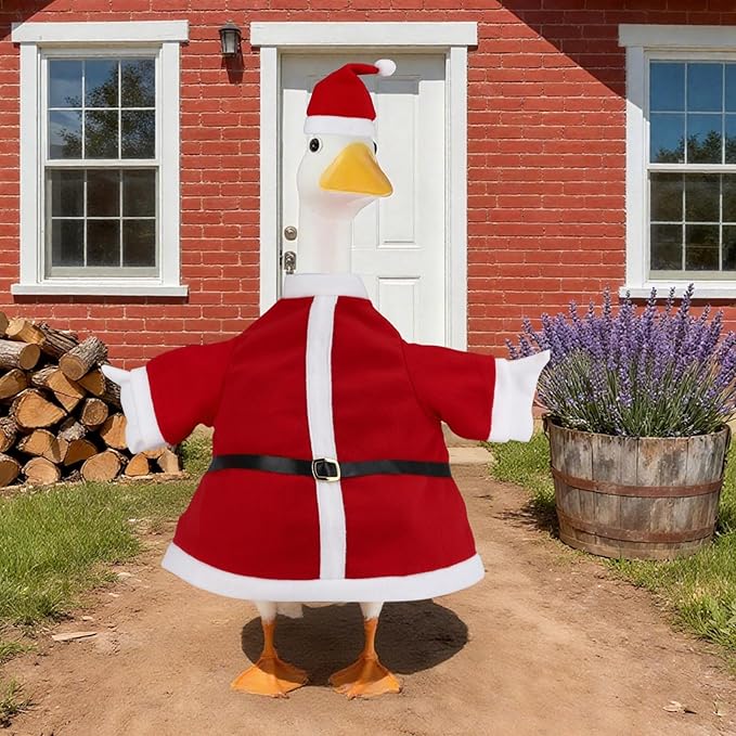 Porch Goose Outfits Christmas, Funny Silly Porch Goose Statue Accessories with Clothes Hat, Yard Lawn Goose Christmas Outfits Clothes for 23" Concrete Porch Geese Xmas Decorations (Red)