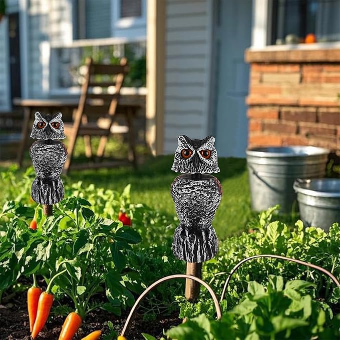 Hausse 2 Pack Fake Owl Decoy to Scare Birds Away, 11.2 inch Wagging Head Plastic Owl Scarecrow Bird Deterrents, Owls Statue Nature Enemy Horned Pest Repellent for Outdoor Garden Yard