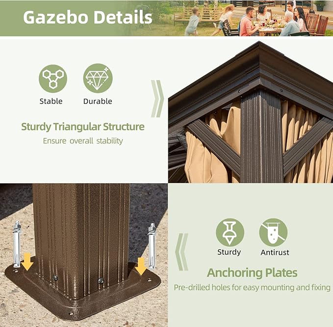 YOLENY 12' X 16' Hardtop Gazebo Galvanized Steel Outdoor Patio Gazebos Canopy Permanent Gazebo with Single Roof Aluminum Frame, Netting & Curtains for Garden, Patio, Lawns, Deck
