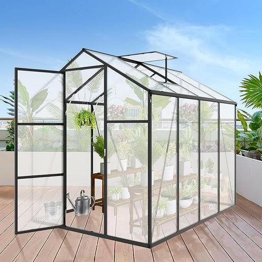 6x8 FT All Weather Greenhouses for Outdoor,Heavy Duty Polycarbonate Greenhouse, Walk-in Garden Green House with Raised Base and Ventilation Window for Outside, Backyard,Black