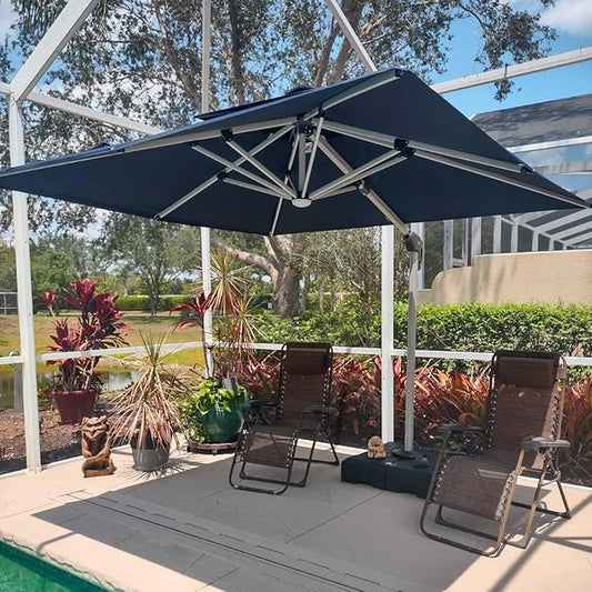 PURPLE LEAF 9' X 12' Double Top Deluxe Solar Powered LED Rectangle Patio Umbrella Offset Hanging Umbrella Outdoor Market Umbrella Garden Umbrella,Navy Blue