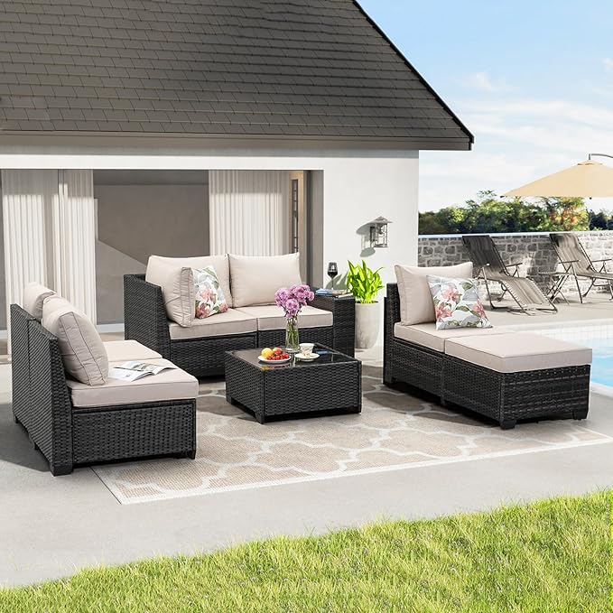 7 Pieces Patio Furniture Set All-Weather Outdoor Wicker Sectional Conversation Sofa Rattan Patio Seating Sofa with Cushion and Glass Table and Ottoman for Porch Poolside,Beige