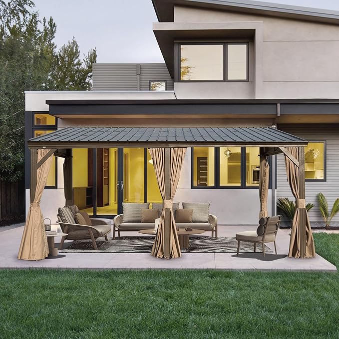 12’ x 16’ Lean to Gazebo, Outdoor Wall Mounted Gazebo Aluminum Frame, Hardtop Pergola with Galvanized Steel Sloping Roof for Patio Deck Garden Backyard, Curtain and Netting Included