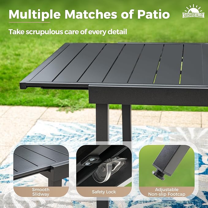 7 Pieces Patio Dining Set, 6 x Woven Rattan Chairs with Waterproof Cushion, 84" Extendable Rectangular Dining Table, Outdoor Table and Chairs Set for Backyard Lawn and Deck, Beige