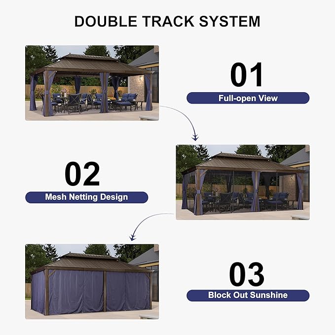PURPLE LEAF 12' x 20' Hardtop Gazebo Outdoor Metal Roof Sun Shade Tent with Curtains and Netting Patio Canopy Permanent Pavilion