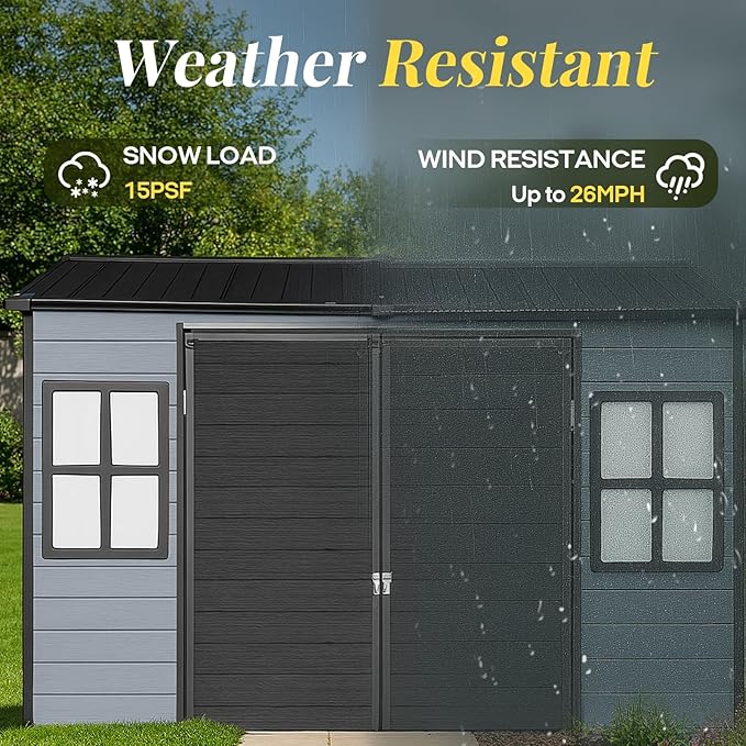 8x4 FT Resin Storage Shed with Floor Included, Outdoor Plastic Sheds & Outdoor Storage Clearance with 2 Windows and Lockable Door, Backyard Storage Shed for Garden Tools, Bike, Black+Grey