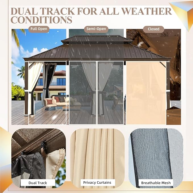 YOLENY 14' x 20' Gazebo, Galvanized Steel Double Roof Hardtop Gazebo with Aluminum Frame, Permanent Outdoor Metal Pavilion with Curtain and Netting for Patio, Lawn and Garden