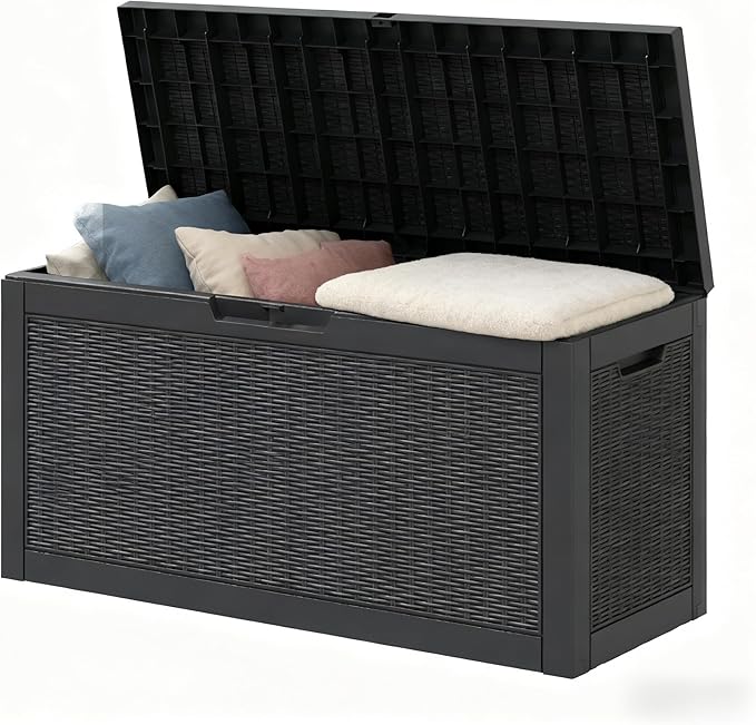 59 Gallon Outdoor Storage Deck Box Waterproof,Large Resin Storage Container for Outside,Patio Accessories for Outsid,Backyard Delivery Boxes,Lockable Lid,Rattan Black