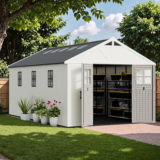 Greesum 10×16 FT Plastic Outdoor Storage Shed with Floor and Lockable Door, Resin Sheds with Windows and Skylights, Weather Resistant Organization for Garden, Lawn, Pool Supplies, Beige