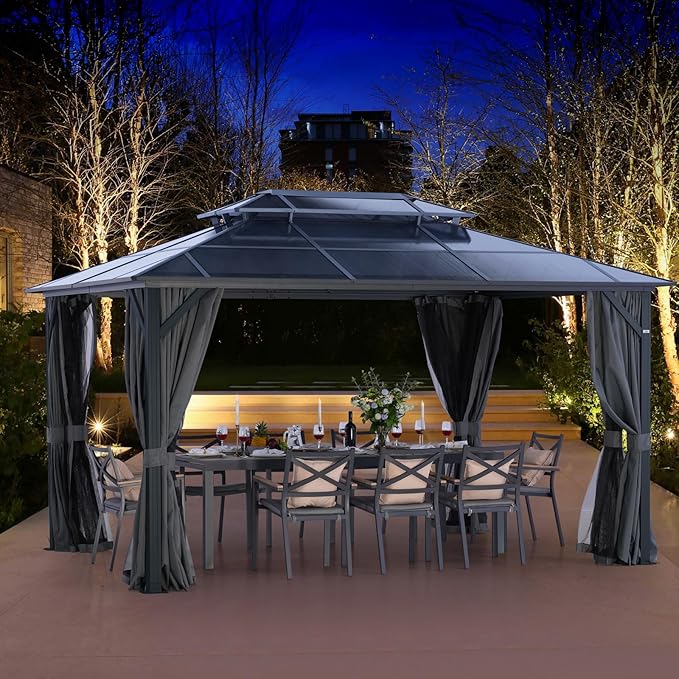LeDoasis 10' X 13' Hardtop Gazebo, Outdoor Permanent Polycarbonate Double Roof Canopy with Breathable Netting & Privacy Curtain for Patio Backyard Garden Lawn Party